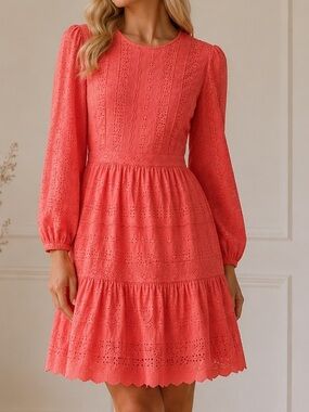 J. Crew Coral Eyelet Long Sleeve Dress